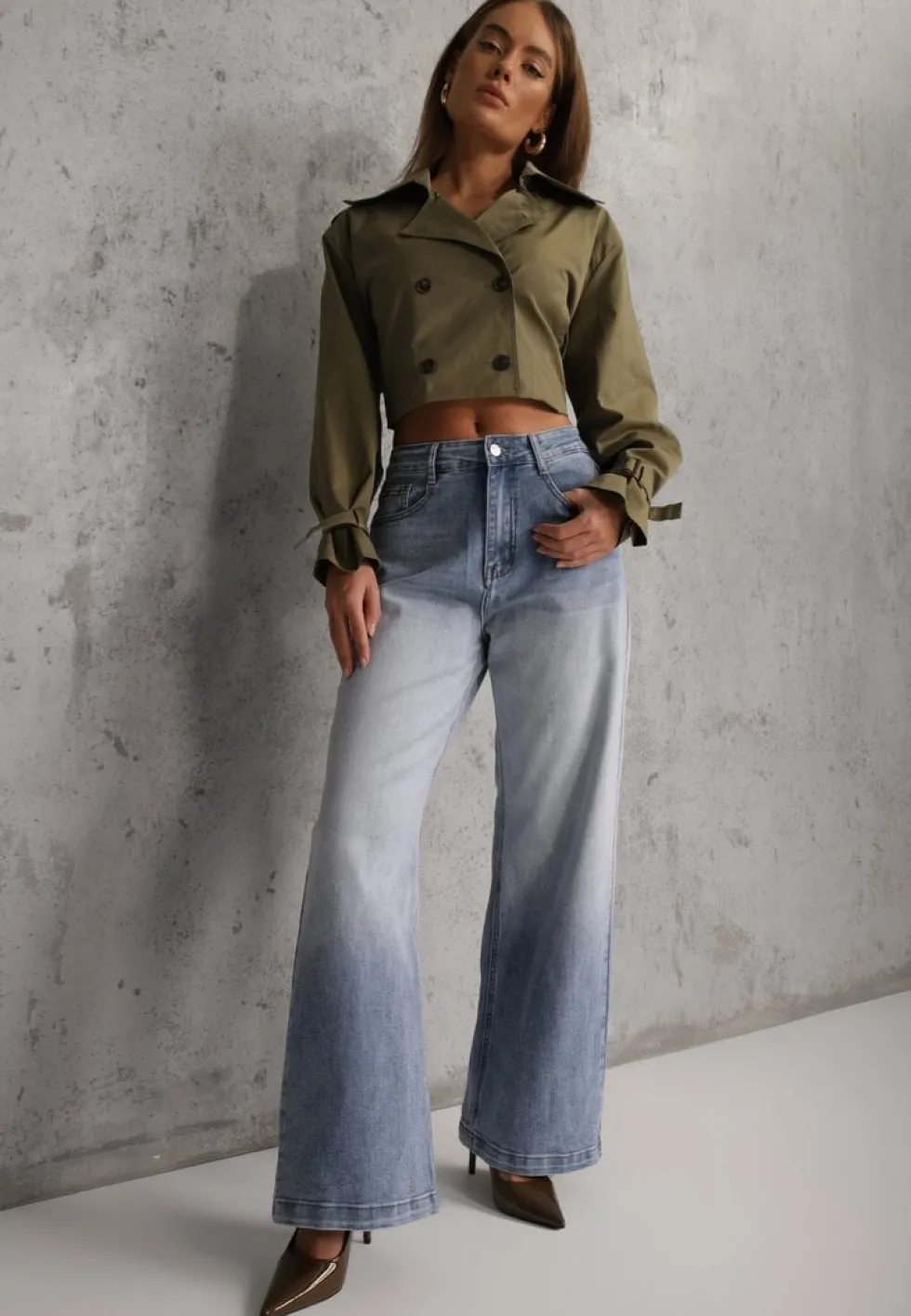 Niebieskie Jeansy Szerokie z Wytarciami High Waist Calale