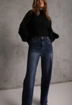 Niebieskie Jeansy Wide Leg High Waist z Bawełny Zdobione Przejaśnieniami Ineia
