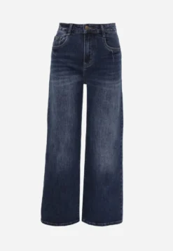Niebieskie Jeansy Wide Leg High Waist z Bawełny Zdobione Przejaśnieniami Ineia