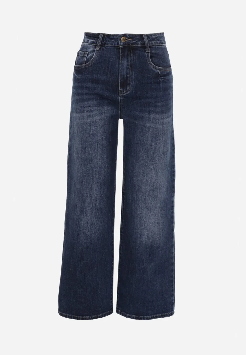 Niebieskie Jeansy Wide Leg High Waist z Bawełny Zdobione Przejaśnieniami Ineia