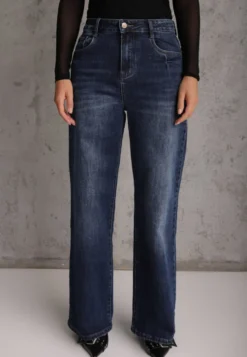 Niebieskie Jeansy Wide Leg High Waist z Bawełny Zdobione Przejaśnieniami Ineia