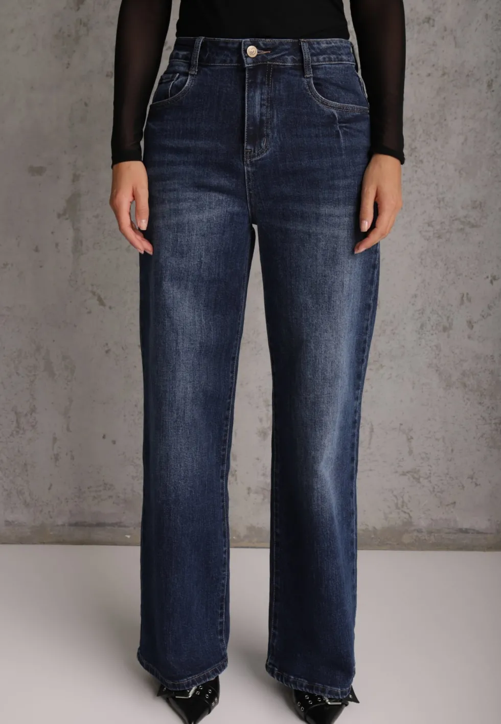 Niebieskie Jeansy Wide Leg High Waist z Bawełny Zdobione Przejaśnieniami Ineia