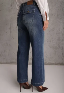 Niebieskie Jeansy Wide Leg High Waist z Bawełną z Kieszonkami z Klapami z Tyłu Heniva