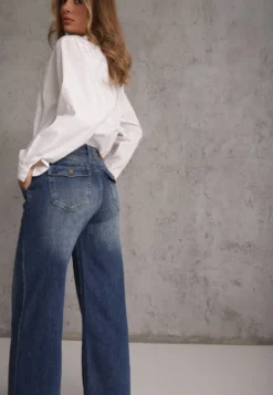 Niebieskie Jeansy Wide Leg High Waist z Bawełną z Kieszonkami z Klapami z Tyłu Heniva