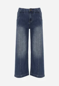 Niebieskie Jeansy Wide Leg High Waist z Bawełną z Kieszonkami z Klapami z Tyłu Heniva