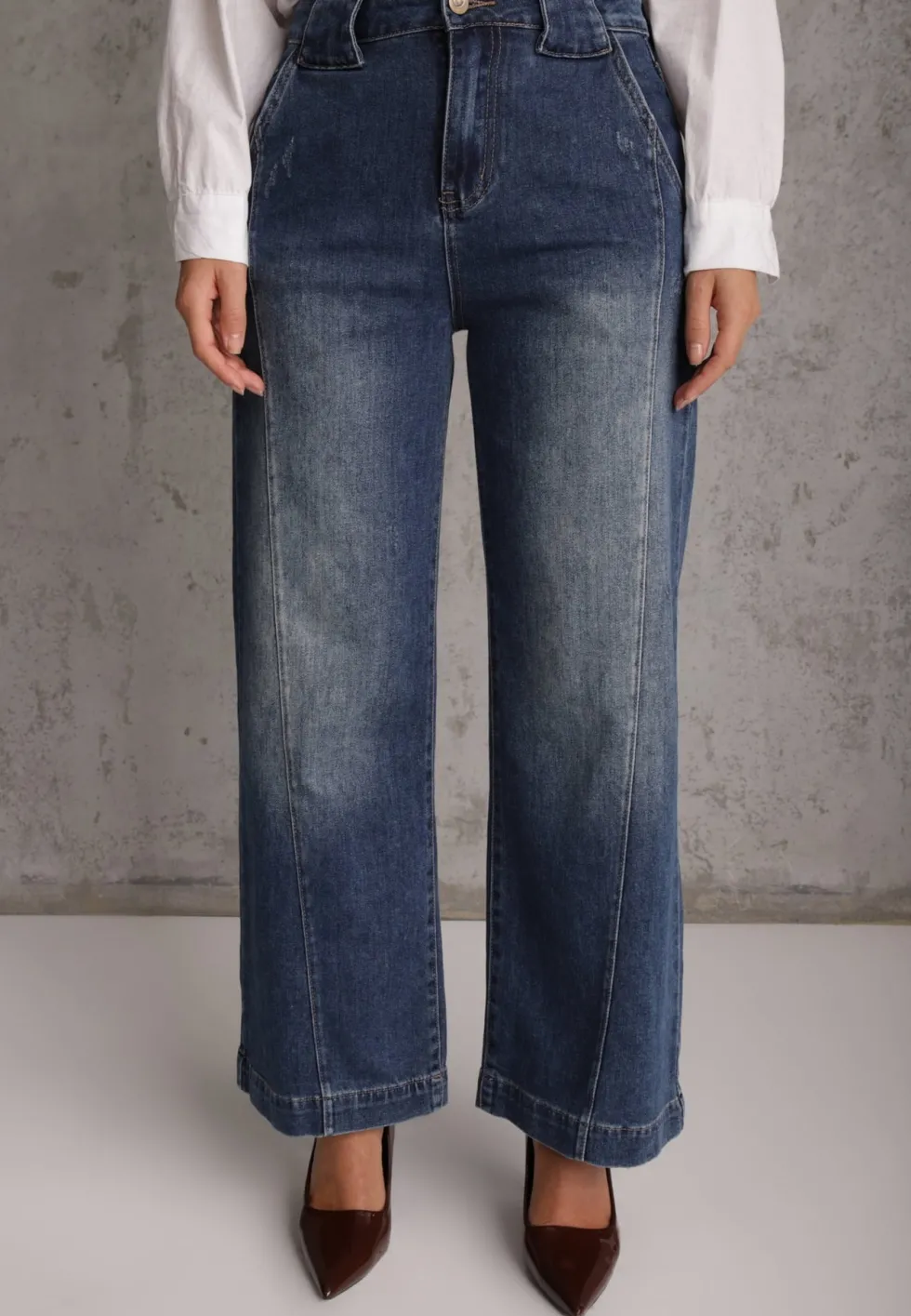 Niebieskie Jeansy Wide Leg High Waist z Bawełną z Kieszonkami z Klapami z Tyłu Heniva