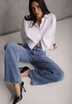 Niebieskie Jeansy Wide Leg High Waist z Elastycznego Denimu z Bawełną Jelimia