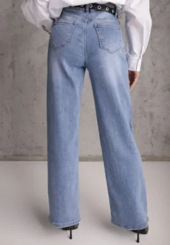Niebieskie Jeansy Wide Leg High Waist z Elastycznego Denimu z Bawełną Jelimia