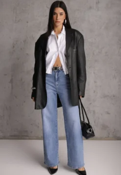 Niebieskie Jeansy Wide Leg High Waist z Elastycznego Denimu z Bawełną Jelimia