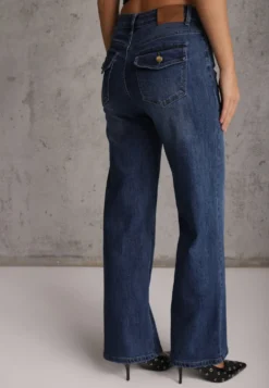 Niebieskie Jeansy Wide Leg z Bawełną Zdobione Kieszeniami Klapami z Tyłu Kalle