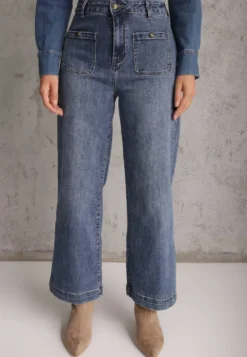 Niebieskie Jeansy z Bawełną o Szerokim Kroju High Waist Ozdobione Kieszeniami Ledrea