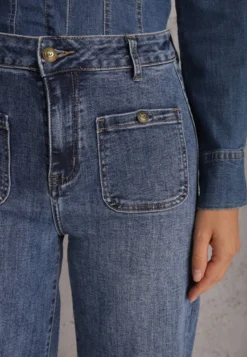 Niebieskie Jeansy z Bawełną o Szerokim Kroju High Waist Ozdobione Kieszeniami Ledrea