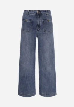 Niebieskie Jeansy z Bawełną o Szerokim Kroju High Waist Ozdobione Kieszeniami Ledrea