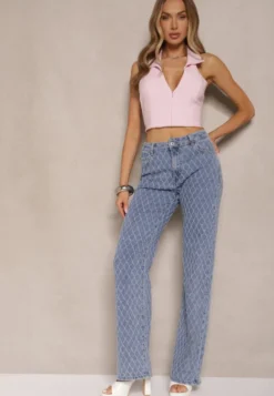Niebieskie Jeansy z Bawełny High Waist o Szerokim Kroju w Romby Tuvielle
