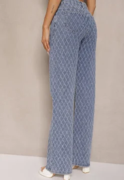 Niebieskie Jeansy z Bawełny High Waist o Szerokim Kroju w Romby Tuvielle