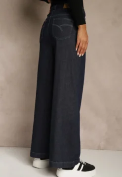 Niebieskie Jeansy z Bawełny High Waist z Ozdobną Sznurówką w Pasie Ohirvyra