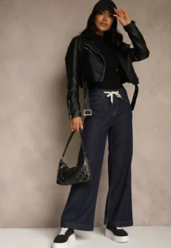 Niebieskie Jeansy z Bawełny High Waist z Ozdobną Sznurówką w Pasie Ohirvyra