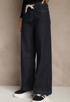 Niebieskie Jeansy z Bawełny High Waist z Ozdobną Sznurówką w Pasie Ohirvyra
