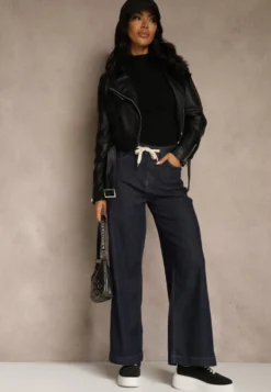 Niebieskie Jeansy z Bawełny High Waist z Ozdobną Sznurówką w Pasie Ohirvyra