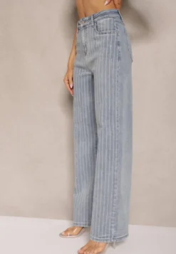 Niebieskie Jeansy z Bawełny o Szerokim Kroju High Waist z Cyrkoniami Polmoi