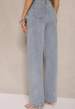 Niebieskie Jeansy z Bawełny o Szerokim Kroju High Waist z Cyrkoniami Polmoi