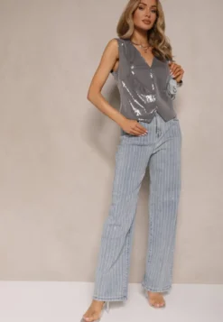 Niebieskie Jeansy z Bawełny o Szerokim Kroju High Waist z Cyrkoniami Polmoi