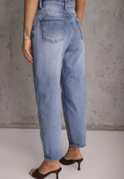 Niebieskie Klasyczne Jeansy Mom Fit High Waist z Bawełny Uhrlith