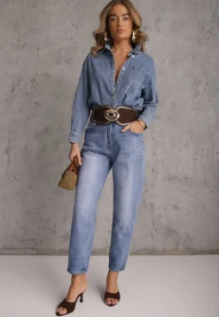 Niebieskie Klasyczne Jeansy Mom Fit High Waist z Bawełny Uhrlith