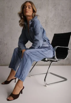 Niebieskie Klasyczne Jeansy Mom Fit High Waist z Bawełny Uhrlith