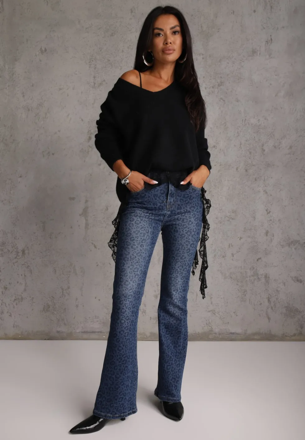 Niebieskie Panterkowe Jeansy Flare High Waist z Bawełną Kanyla