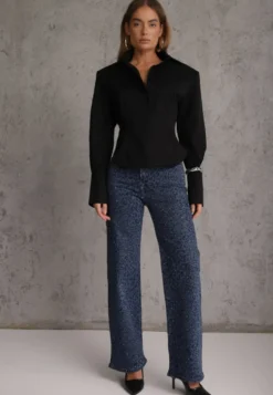 Niebieskie Panterkowe Jeansy Wide Leg z Bawełną Zdobione Cyrkoniami Delari