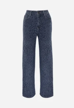 Niebieskie Panterkowe Jeansy Wide Leg z Bawełną Zdobione Cyrkoniami Delari