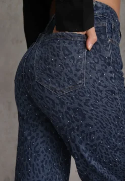 Niebieskie Panterkowe Jeansy Wide Leg z Bawełną Zdobione Cyrkoniami Delari
