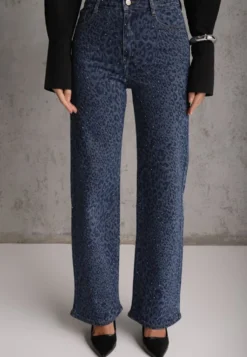 Niebieskie Panterkowe Jeansy Wide Leg z Bawełną Zdobione Cyrkoniami Delari