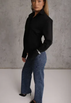 Niebieskie Panterkowe Jeansy Wide Leg z Bawełną Zdobione Cyrkoniami Delari
