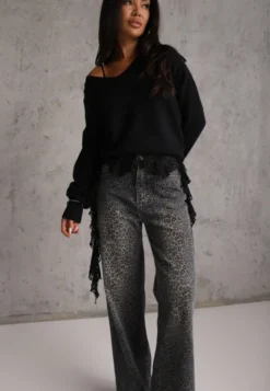 Niebieskie Panterkowe Jeansy Wide Leg High Waist z Bawełną Fealli