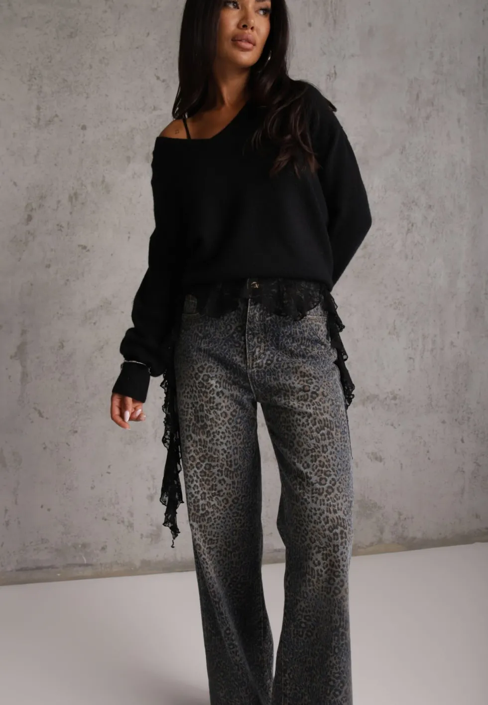 Niebieskie Panterkowe Jeansy Wide Leg High Waist z Bawełną Fealli