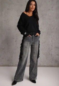 Niebieskie Panterkowe Jeansy Wide Leg High Waist z Bawełną Fealli
