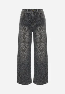 Niebieskie Panterkowe Jeansy Wide Leg High Waist z Bawełną Fealli