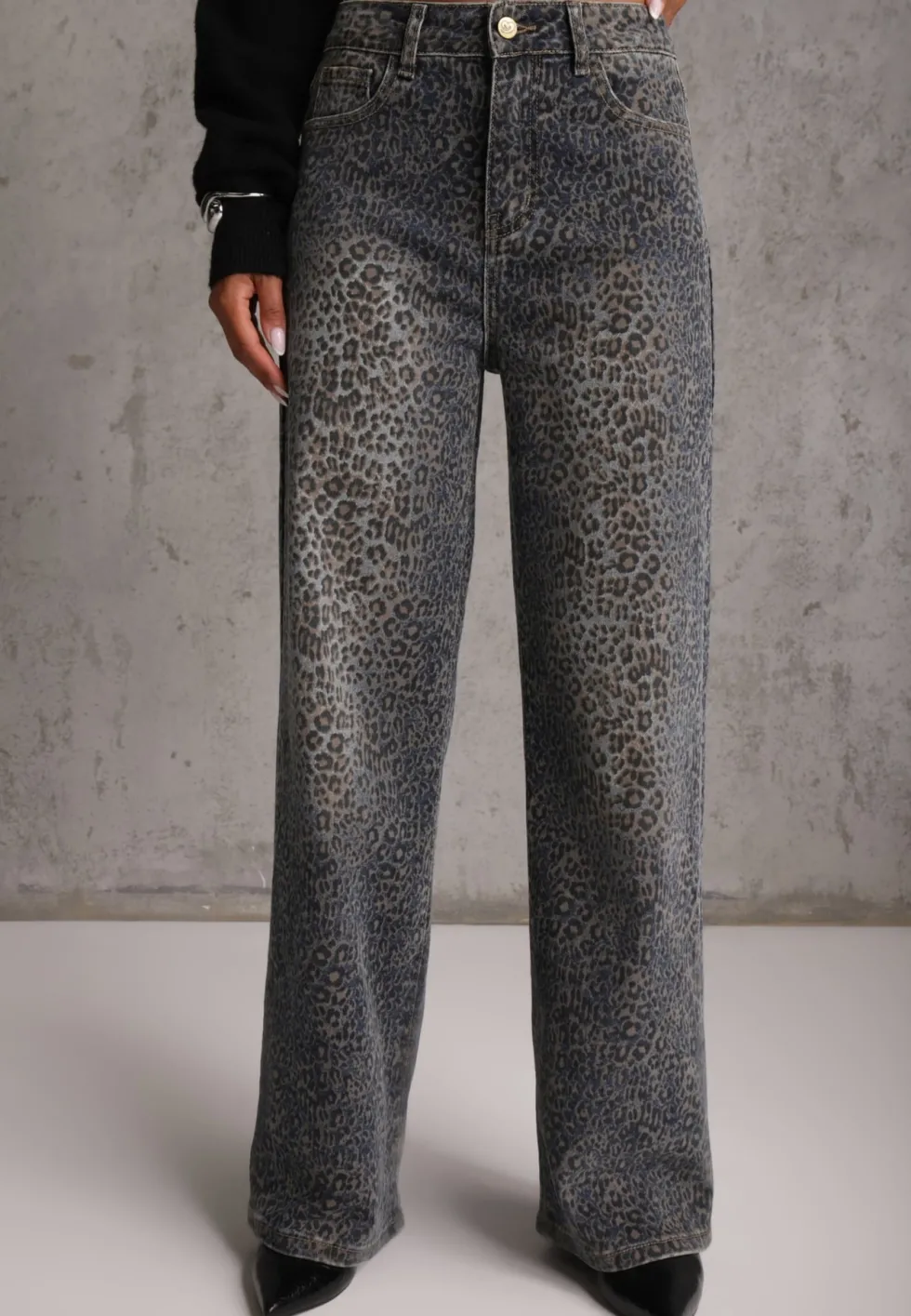 Niebieskie Panterkowe Jeansy Wide Leg High Waist z Bawełną Fealli