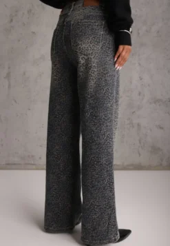 Niebieskie Panterkowe Jeansy Wide Leg High Waist z Bawełną Fealli
