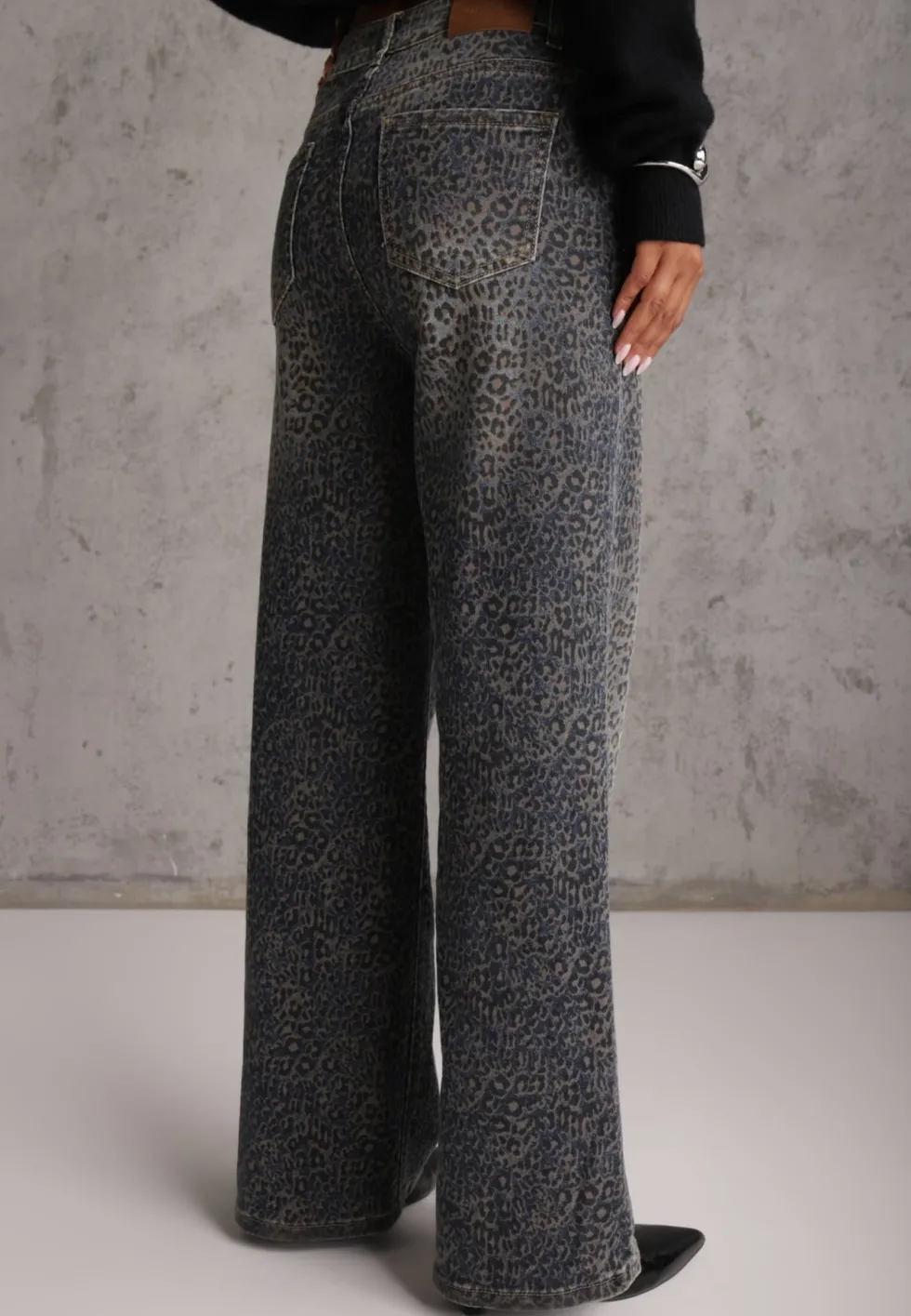 Niebieskie Panterkowe Jeansy Wide Leg High Waist z Bawełną Fealli