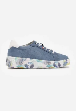 Niebieskie Skórzane Sneakersy na Plaformie w Pióra z Perforacją Tidessa