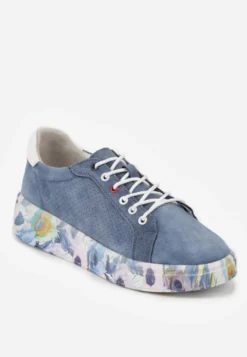 Niebieskie Skórzane Sneakersy na Plaformie w Pióra z Perforacją Tidessa