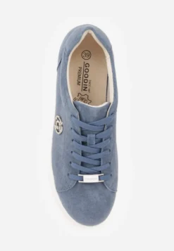 Niebieskie Skórzane Sneakersy na Platformie z Ozdobną Aplikacją z Boku Nesophia