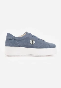 Niebieskie Skórzane Sneakersy na Platformie z Ozdobną Aplikacją z Boku Nesophia