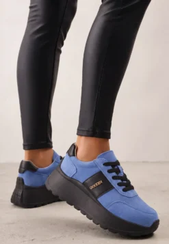Niebieskie Sneakersy na Platformie z Naturalnego Zamszu z Geometrycznym Wzorem i Napisem Latalissa