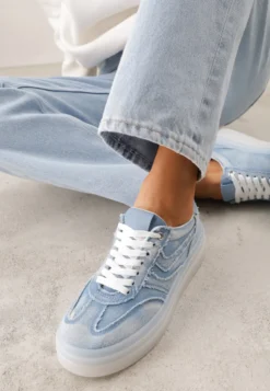 Niebieskie Sneakersy na Platformie z Denimu Nanore