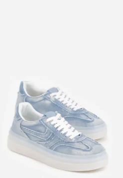 Niebieskie Sneakersy na Platformie z Denimu Nanore