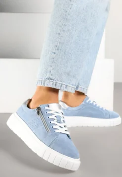 Niebieskie Sneakersy Skórzane na Platformie z Ozdobnym Suwakiem i Perforacją Niliria